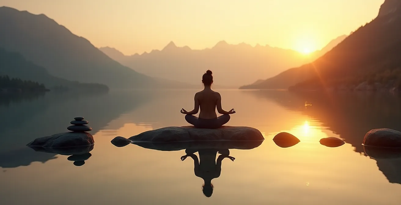 Person meditating by serene mountain lake during golden hour in Canadian Rockies