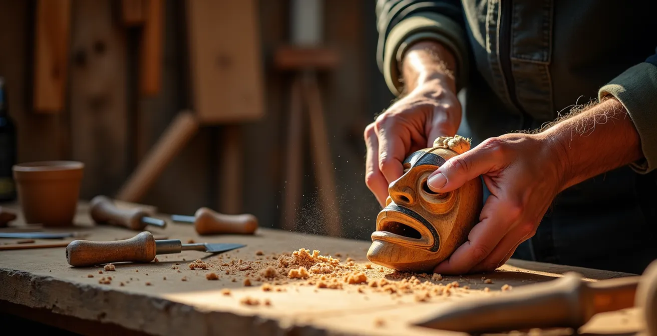 Indigenous artisan carving traditional wooden mask in workshop with tools and cedar shavings