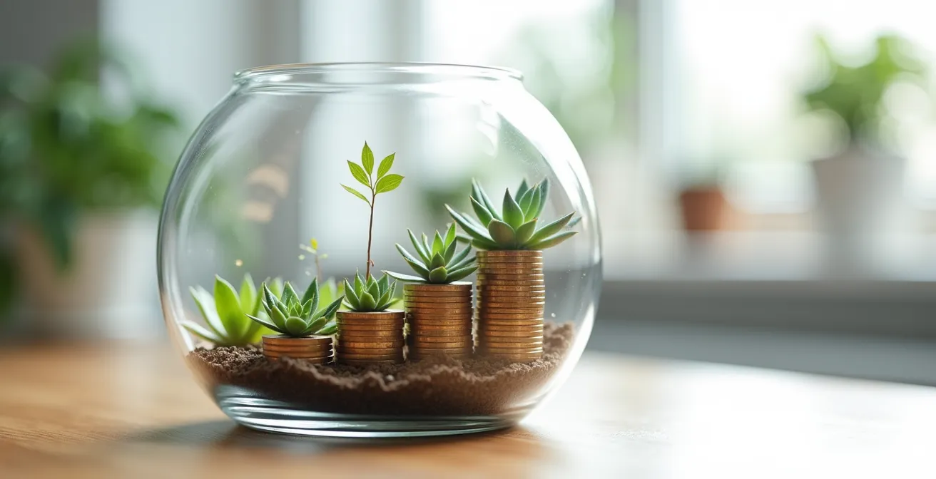 Visualization of consistent monthly $50 investments growing over time through compound returns