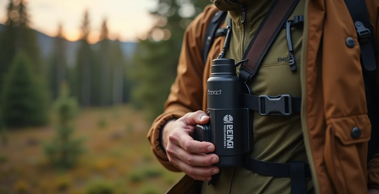 Hiker demonstrating proper chest holster position for bear spray in Canadian wilderness