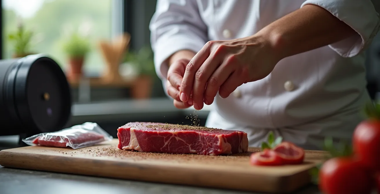 Professional chef demonstrating sous-vide bison steak preparation with precision temperature control
