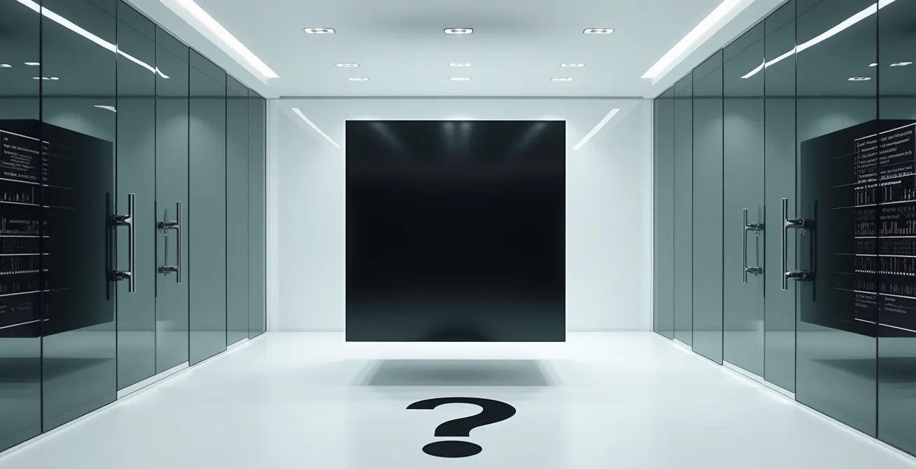 Abstract visualization of opaque algorithmic decision-making in banking, showing layers of computational complexity