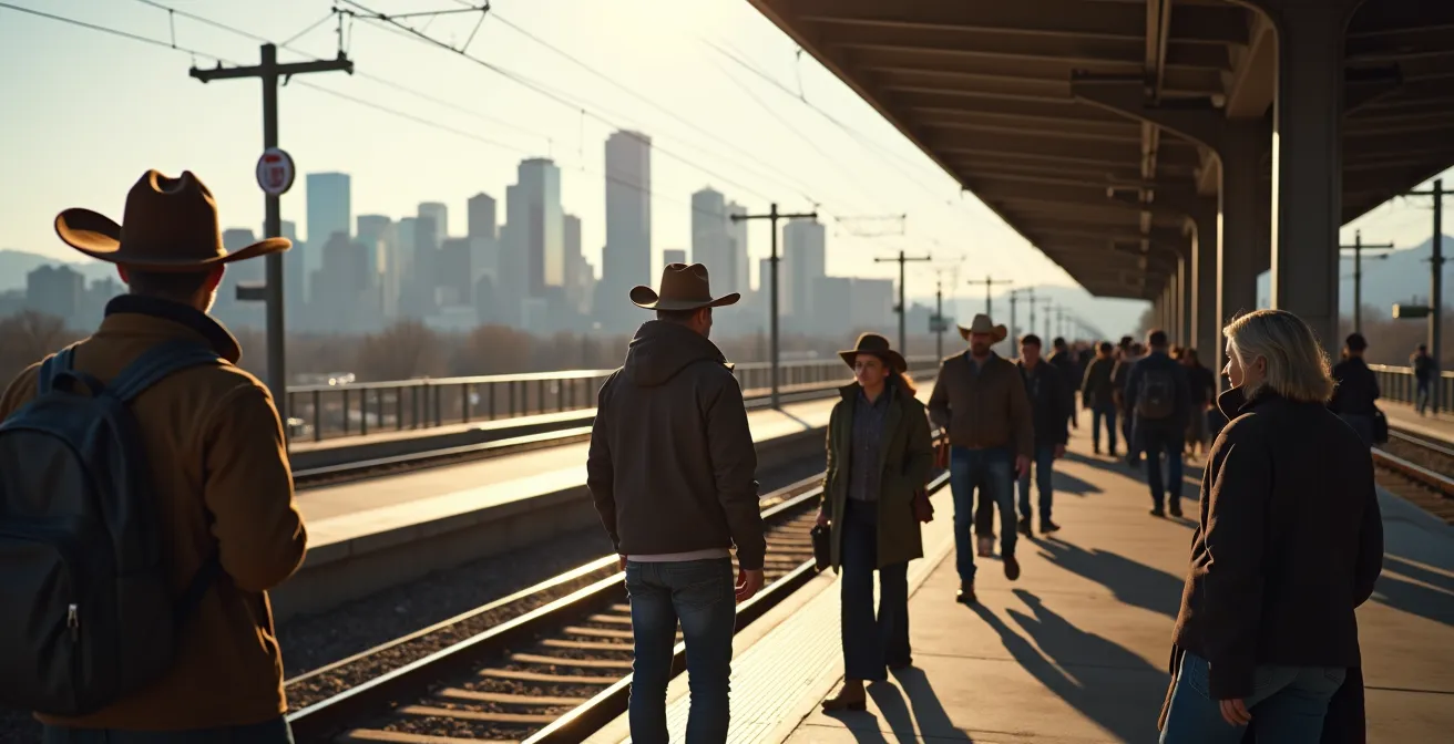 Morning commuters on Calgary C-Train platform heading to Stampede grounds
