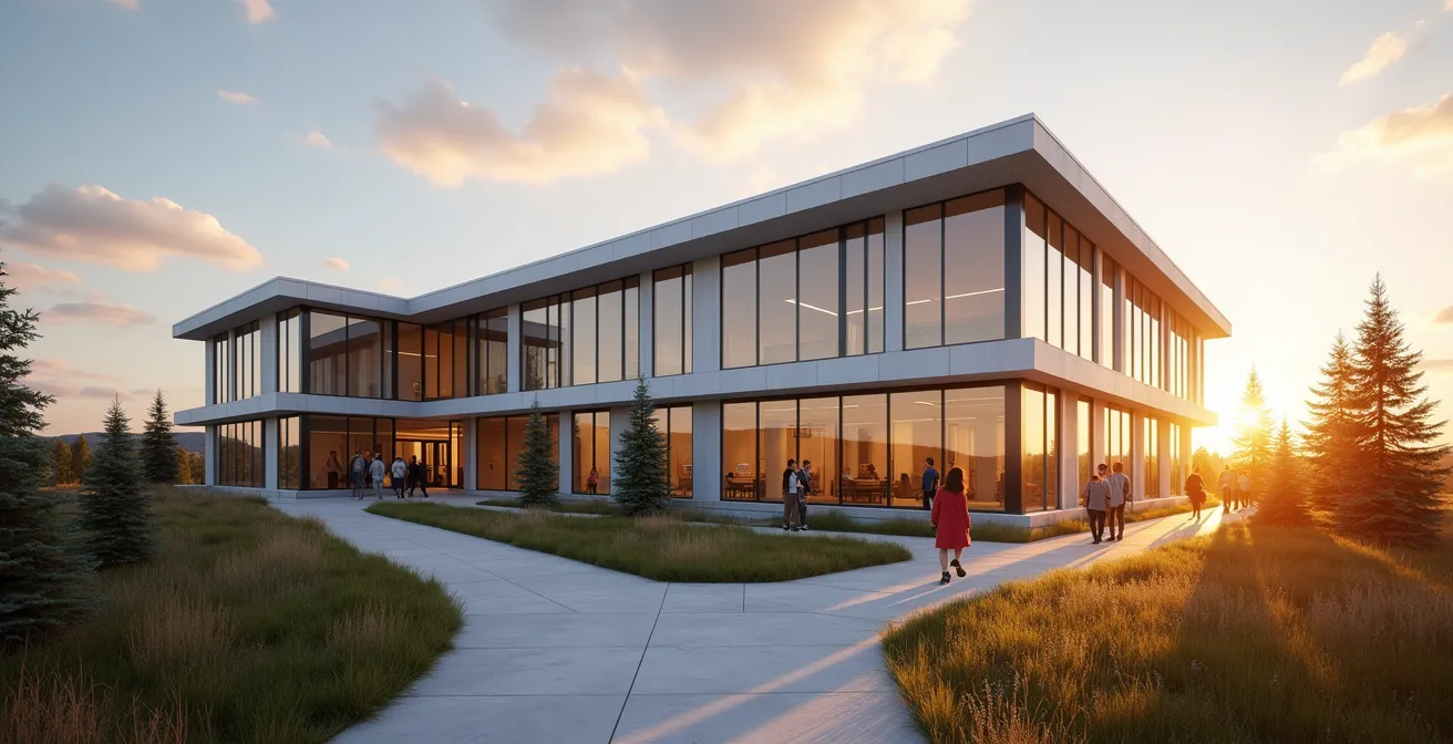 Modern Canadian cancer treatment facility with surrounding landscape