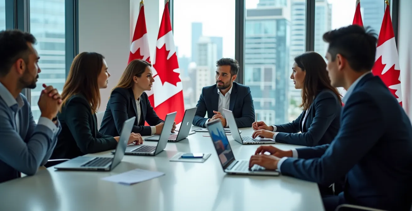 Business meeting in modern Canadian office discussing healthcare innovation funding