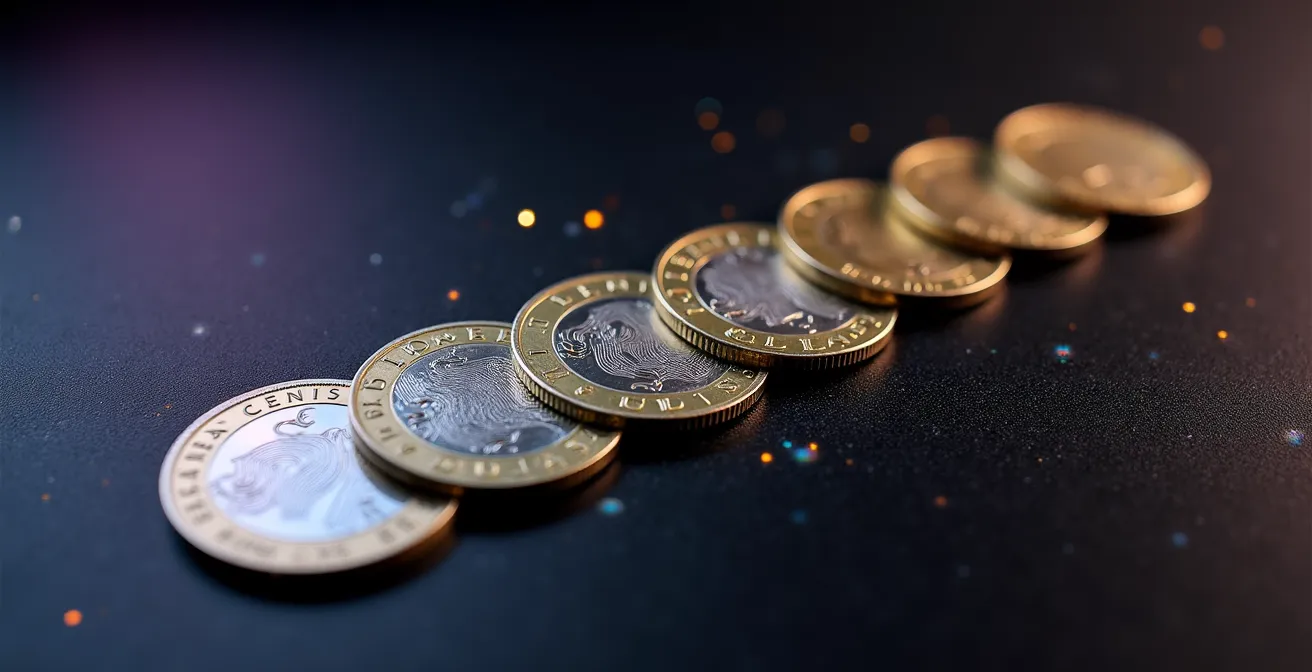 Macro close-up of Canadian dollar coins arranged in barbell formation with quantum circuit patterns etched on surfaces