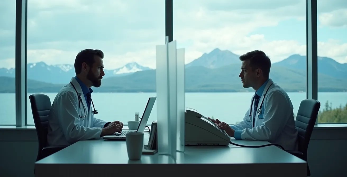 Healthcare professional dealing with medical record transfer challenges between provinces