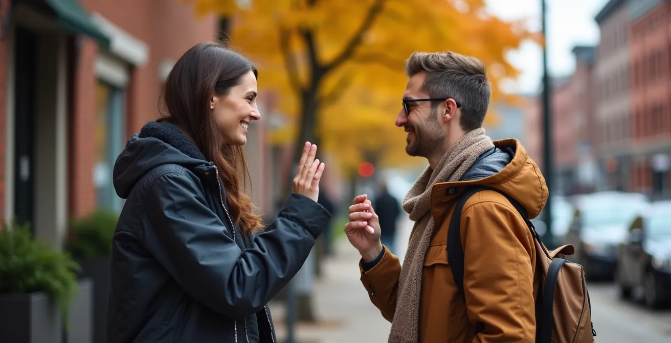 Two people in a moment of polite interaction on a Canadian street, one with a hand slightly raised in a gentle 'sorry' gesture.