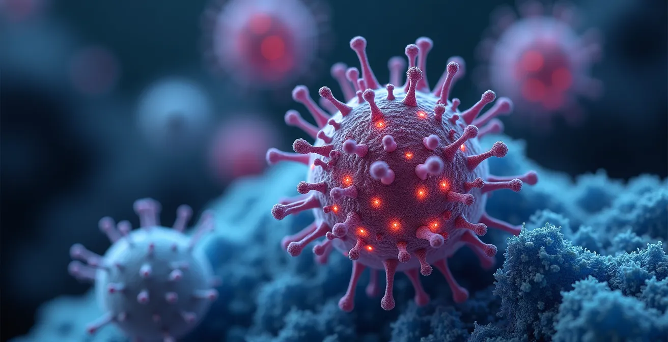 Microscopic view of CAR-T cells targeting cancer cells