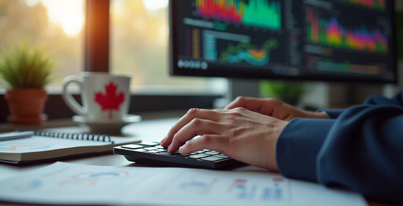 Close-up of developer hands working on data science portfolio project with Canadian context
