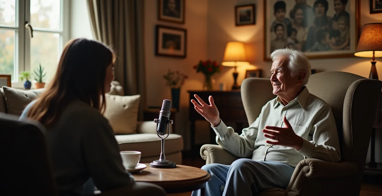 Elderly person being interviewed with recording equipment in warm home setting