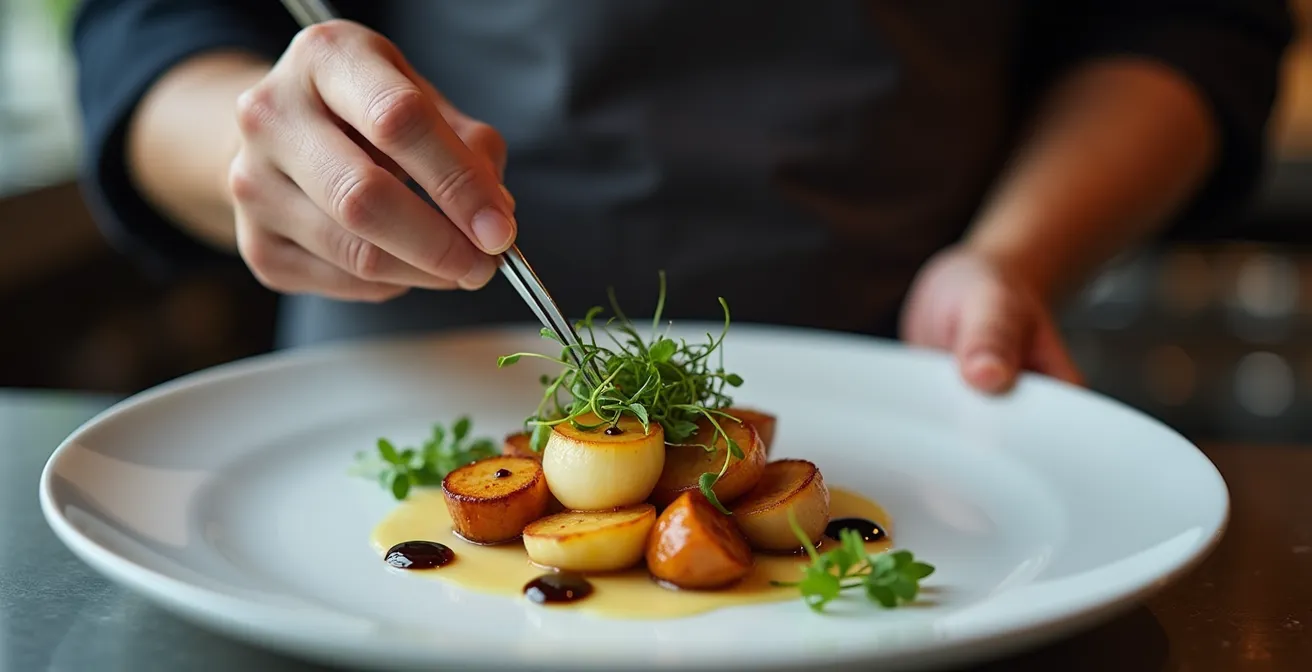 Chef's hands plating roasted root vegetables with artistic precision