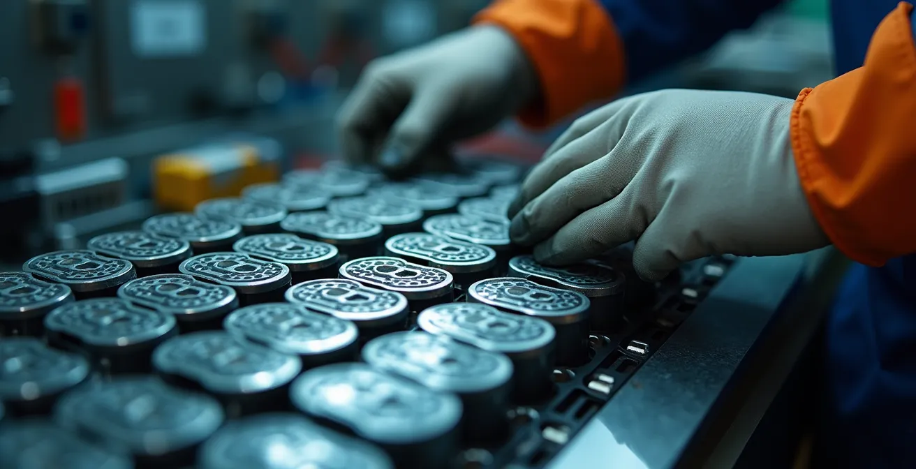 Macro shot of EV battery cells being safely handled by a certified technician