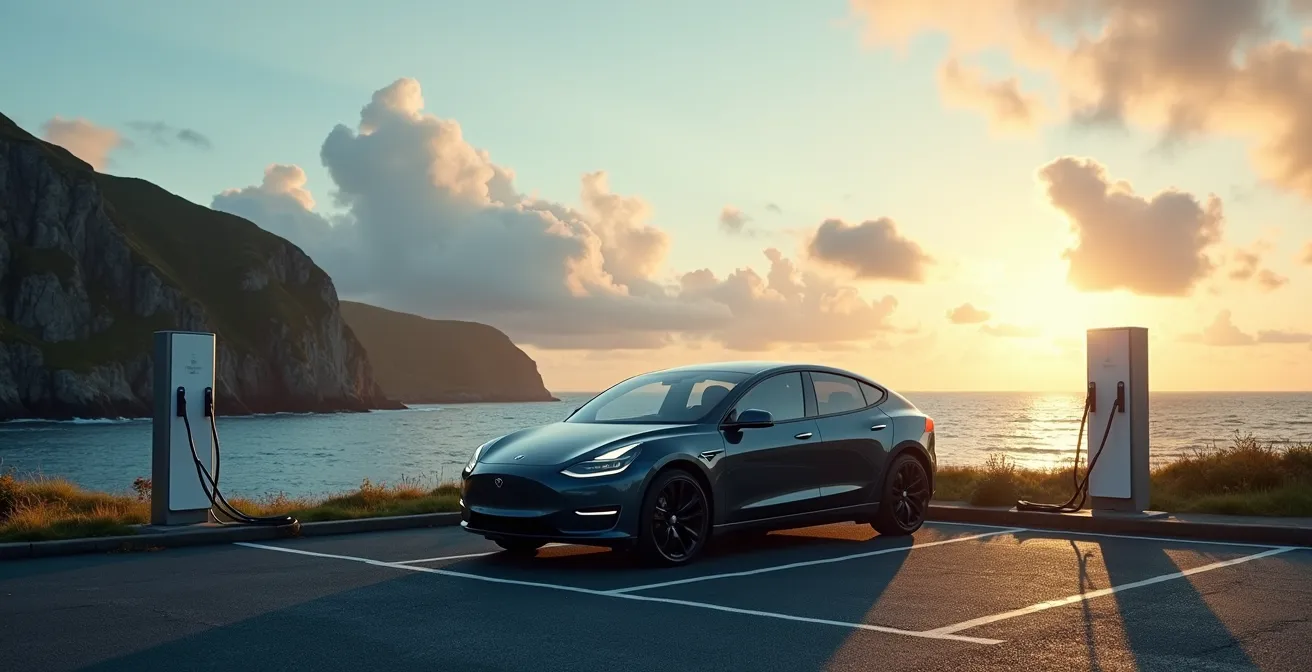 Wide angle view of an electric vehicle charging at a station with Nova Scotia coastal landscape in background