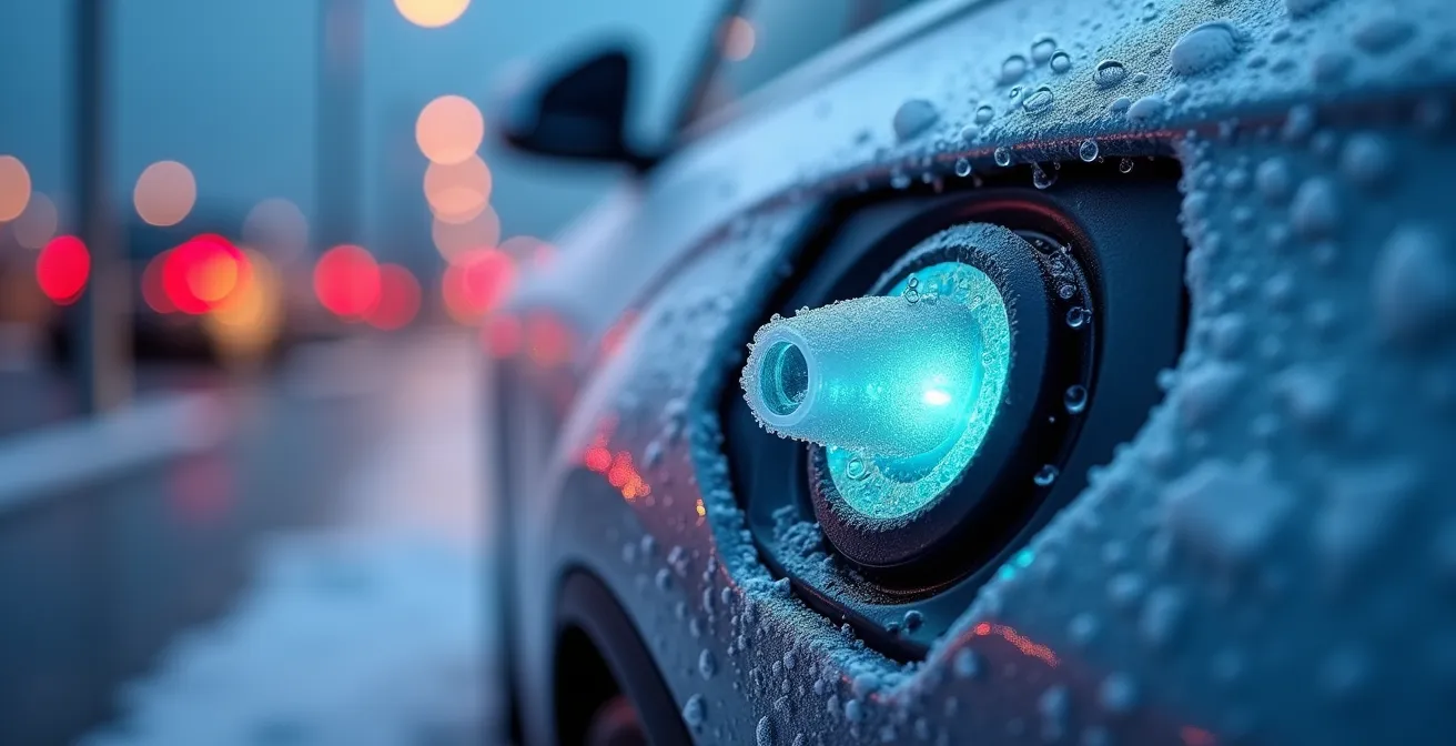 Macro shot of frost crystals forming on electric vehicle charging port at airport