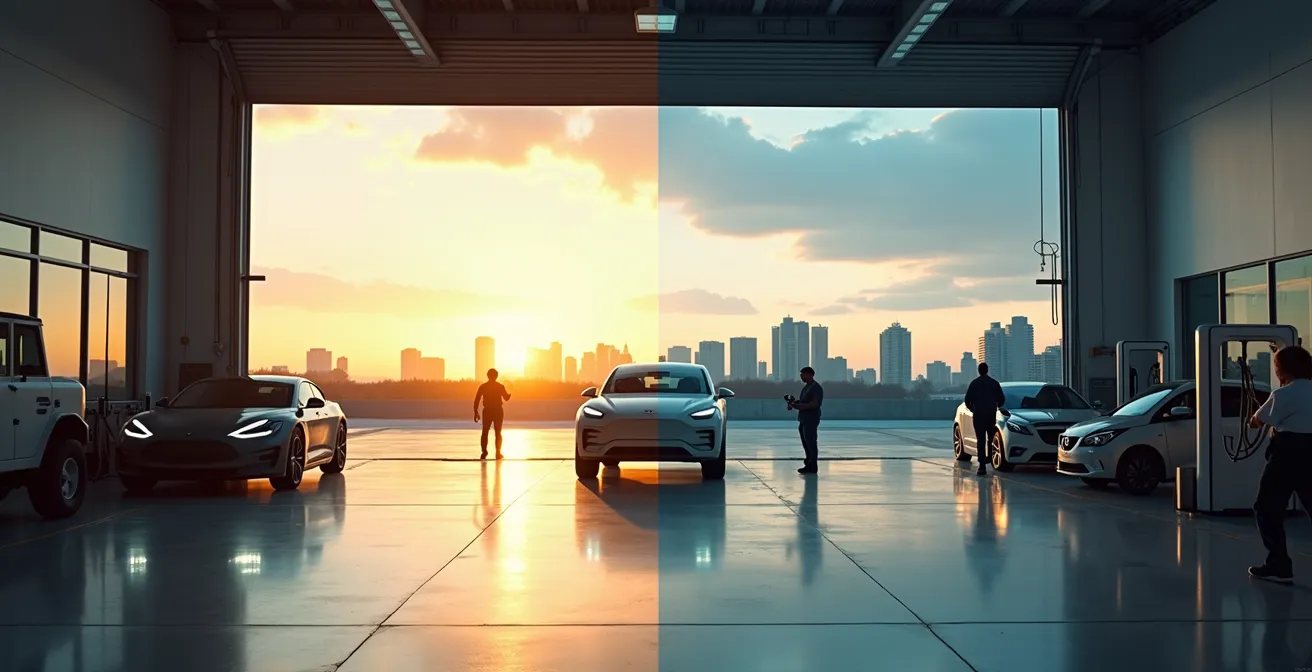 Split composition showing automotive repair facilities in Alberta prairie setting versus Ontario urban environment