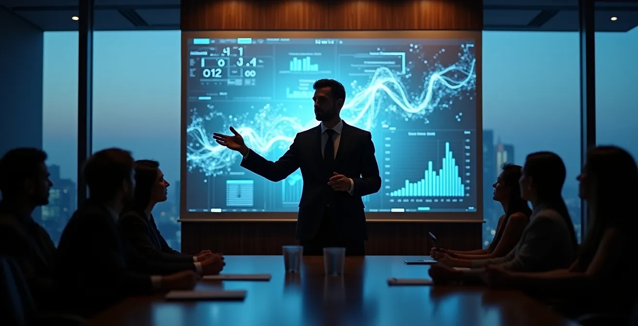 Data scientist presenting insights to executives in modern Canadian corporate boardroom
