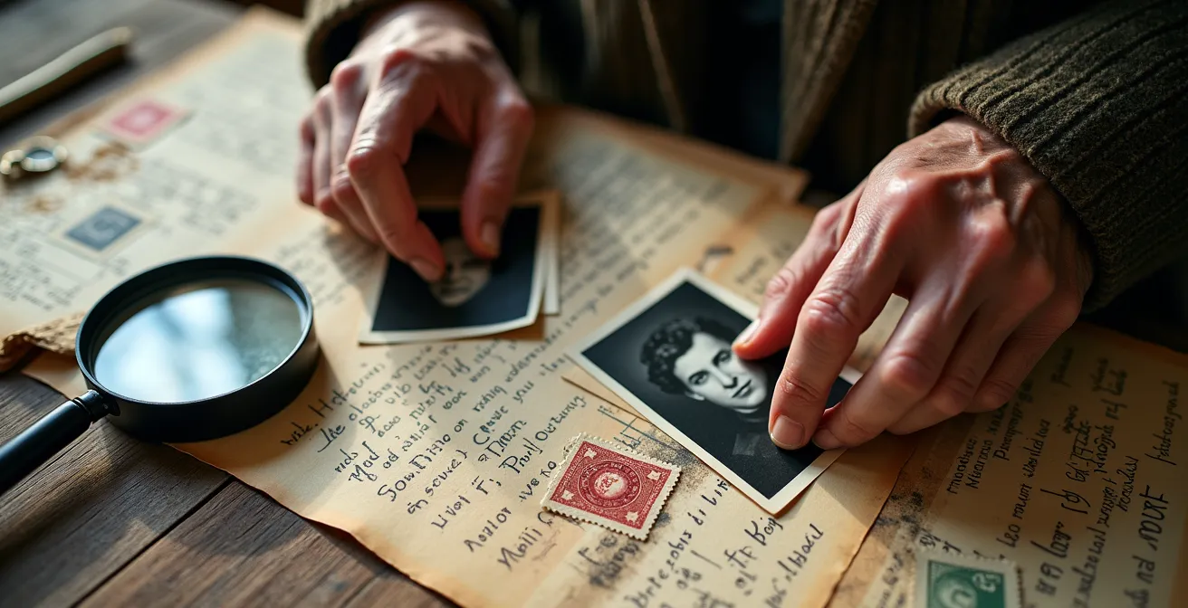 Hands working on historical documents and old photographs on a wooden table