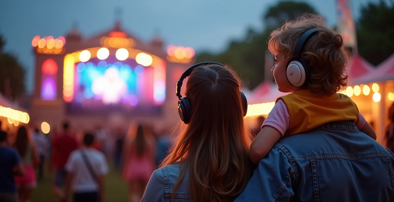 Families with children enjoying evening festival activities in a dedicated family zone