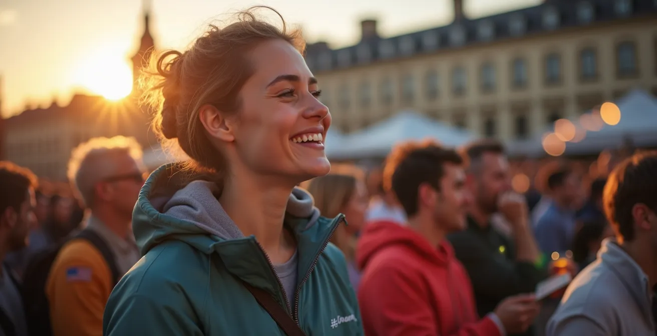 A smiling festival attendee in a light windbreaker enjoying a street performance at dusk in Quebec City.