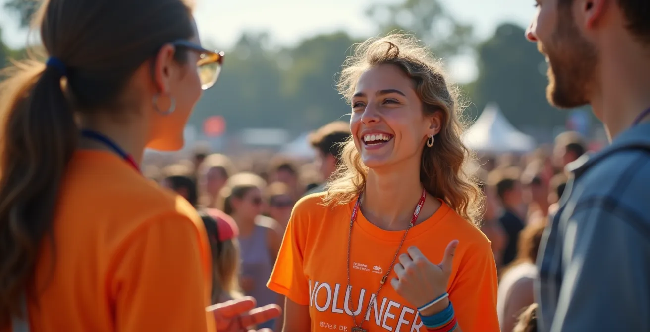 Festival volunteer with wristband talking with artists backstage at outdoor music festival