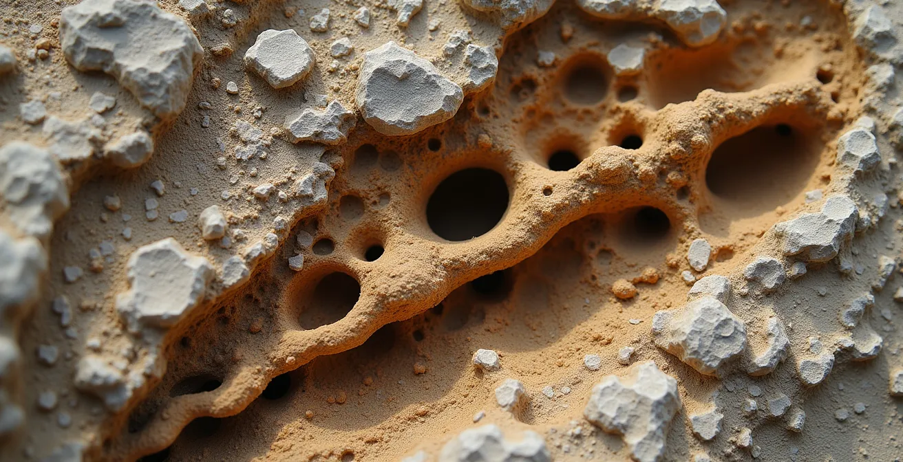 Extreme close-up of fossilized dinosaur bone texture in sedimentary rock