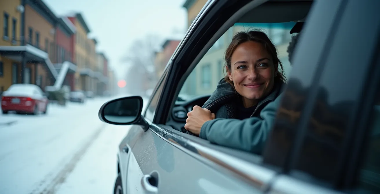 Front-wheel-drive electric vehicle with winter tires navigating snowy urban street