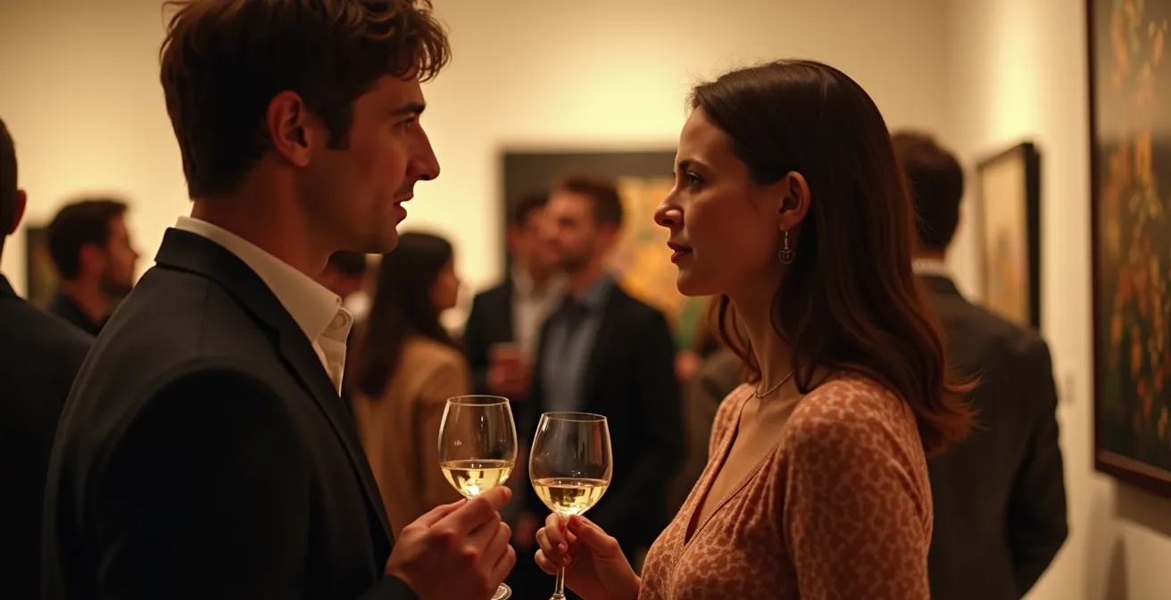 People engaging in conversation at an art gallery opening with wine glasses