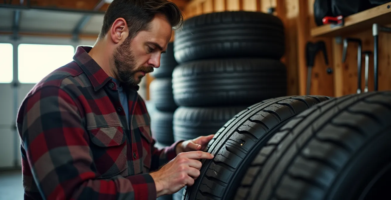 Organized winter tire storage setup in typical Canadian garage