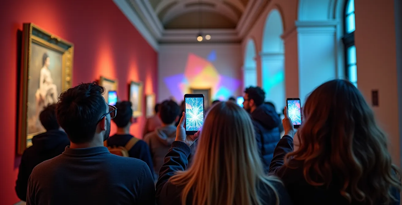 Young visitors using smartphones to interact with museum exhibits through augmented reality overlays