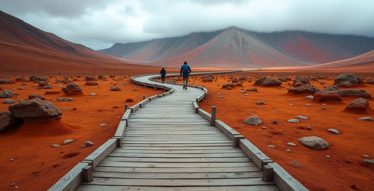 Hikers on a boardwalk trail winding through the orange, Mars-like landscape of the Tablelands in Gros Morne National Park.