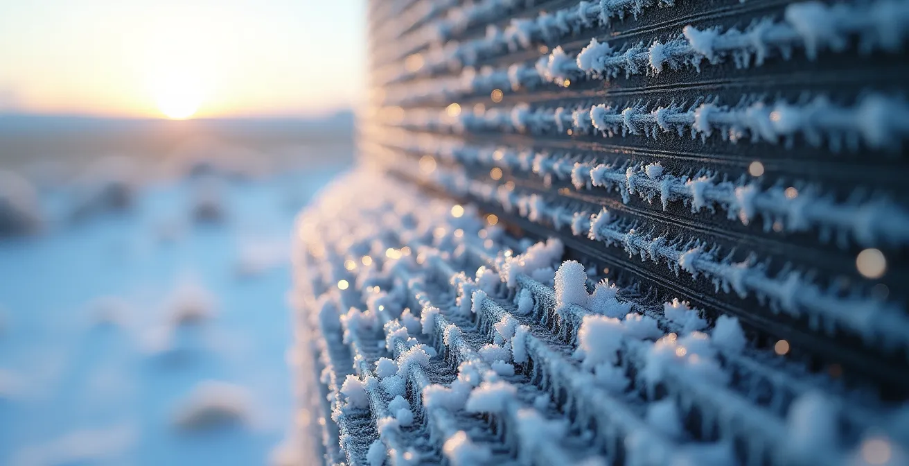 Cold climate heat pump outdoor unit covered in frost during Canadian prairie winter