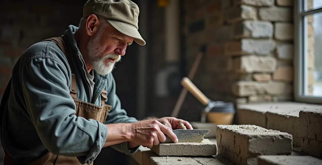 Heritage artisan using traditional tools to restore limestone lock walls