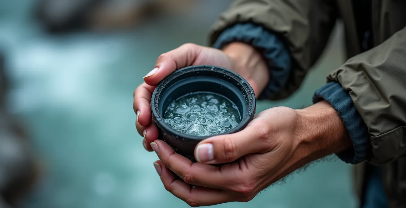 Close-up of hands using a water filter with pre-filter bandana setup beside a milky glacial stream