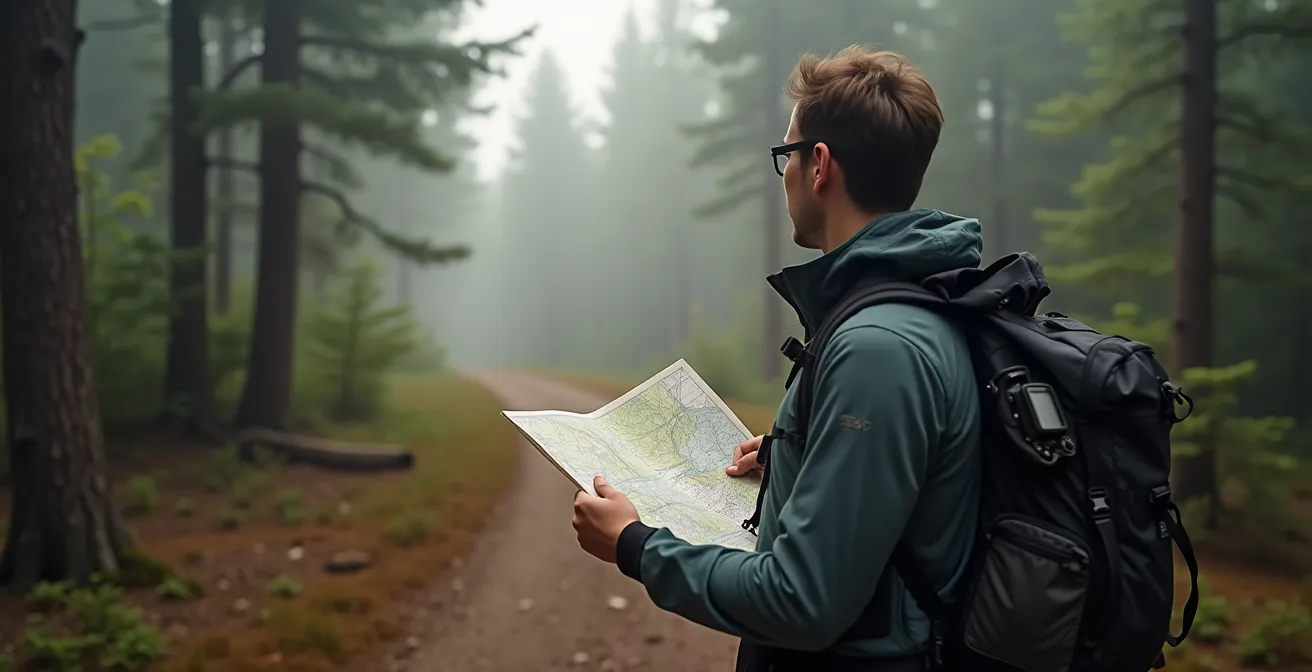 Hiker consulting paper map and compass in dense Canadian forest with GPS device clipped to backpack
