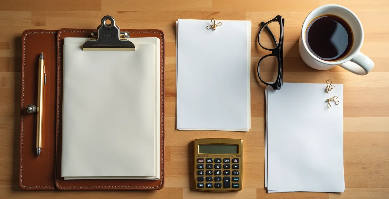 Overhead view of organized tax documents and calculator on wooden desk