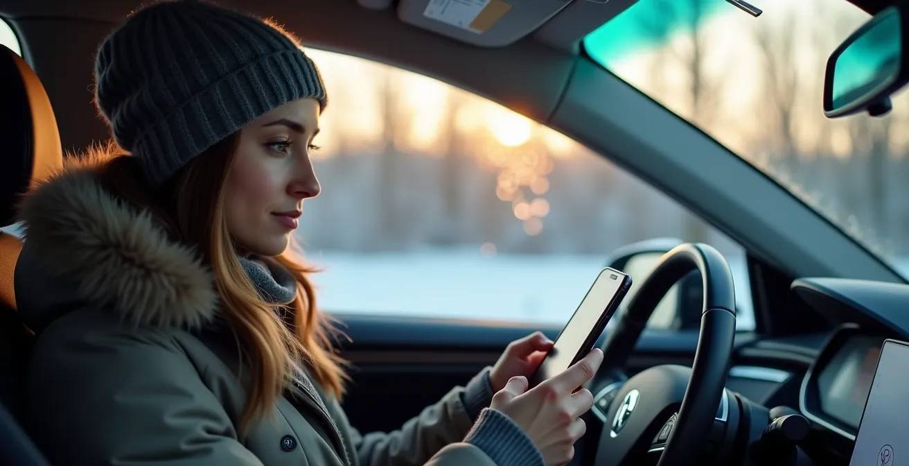 Driver preparing electric vehicle for winter journey in Canadian conditions