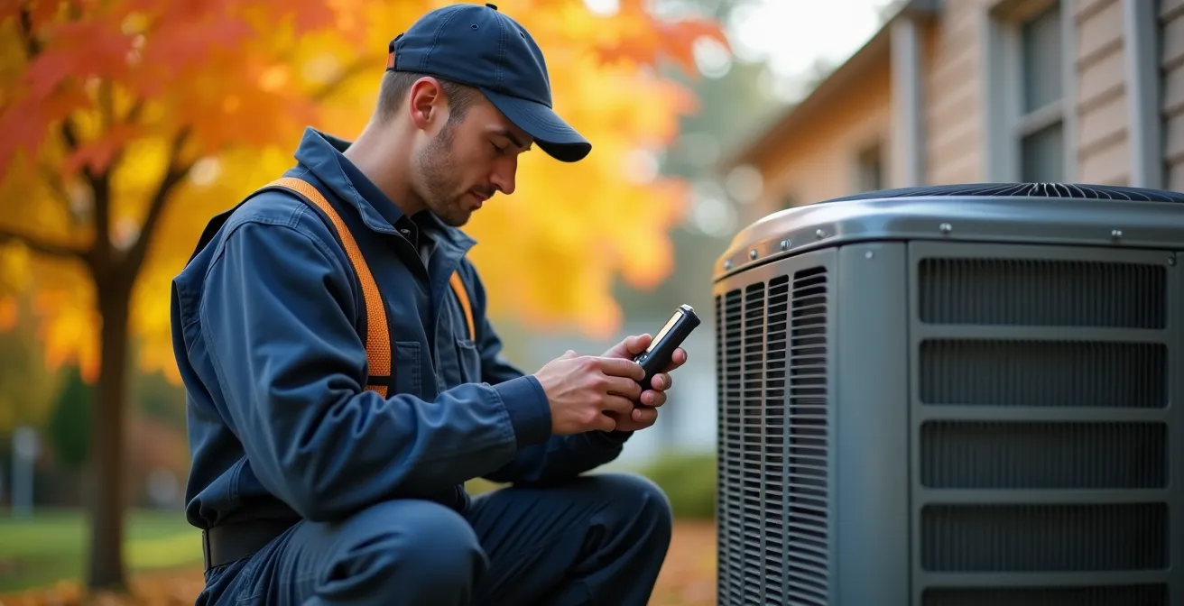 HVAC technician performing maintenance on residential heat pump in fall with autumn leaves