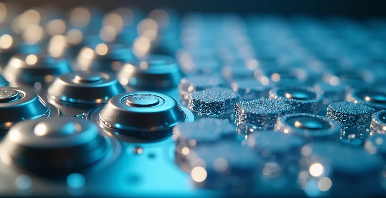 Macro shot of lithium battery cells transitioning into hydrogen fuel cell components