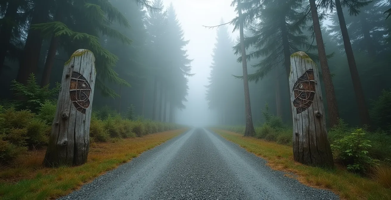 Rustic wooden welcome sign at forest road entrance to Indigenous territory in British Columbia