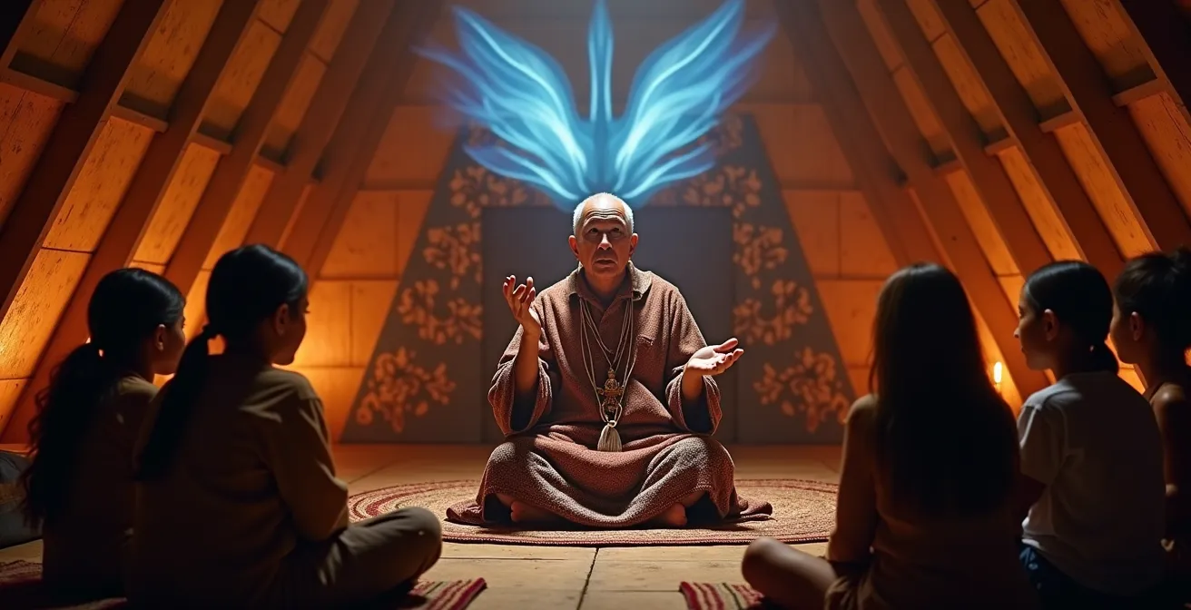 An Indigenous Elder wearing traditional regalia shares stories through holographic projections in a circular gathering space