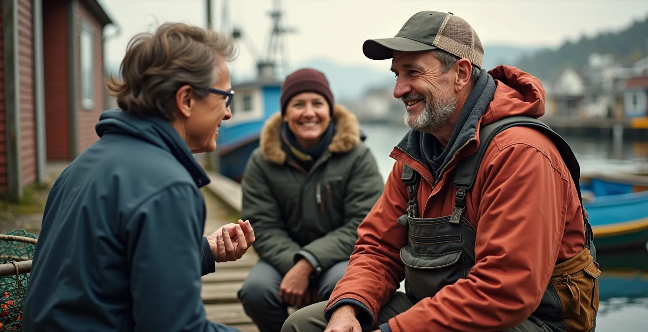 Local fisherman and visitors sharing conversation on a weathered wooden dock with fishing boats in background