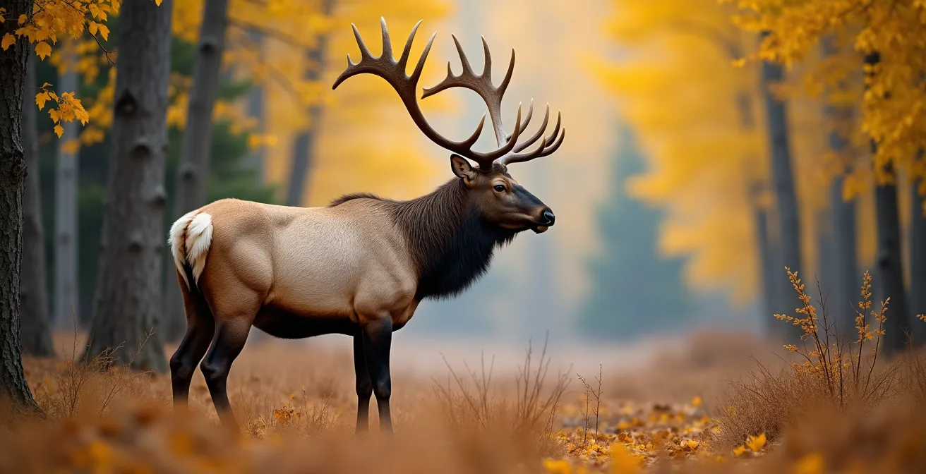 Bull elk in autumn forest with golden aspen leaves