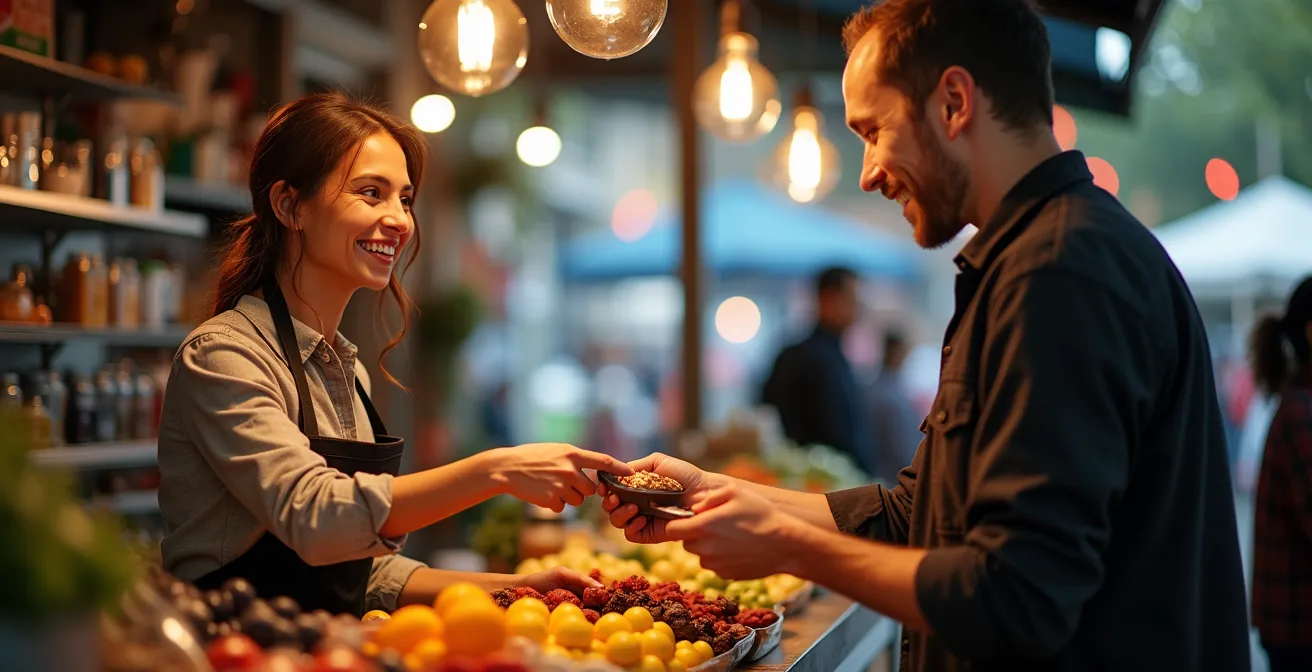 Kensington Market food vendor serving customer at colorful stall