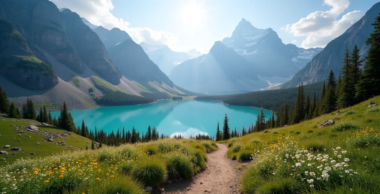 Wide panoramic view of Lake O'Hara surrounded by Canadian Rocky Mountains