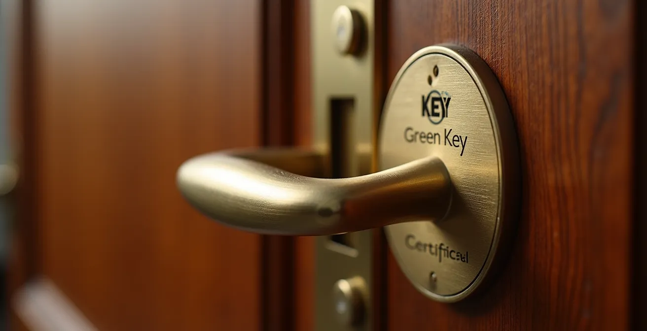 Close-up macro shot of a Green Key certification badge mounted on a hotel door handle