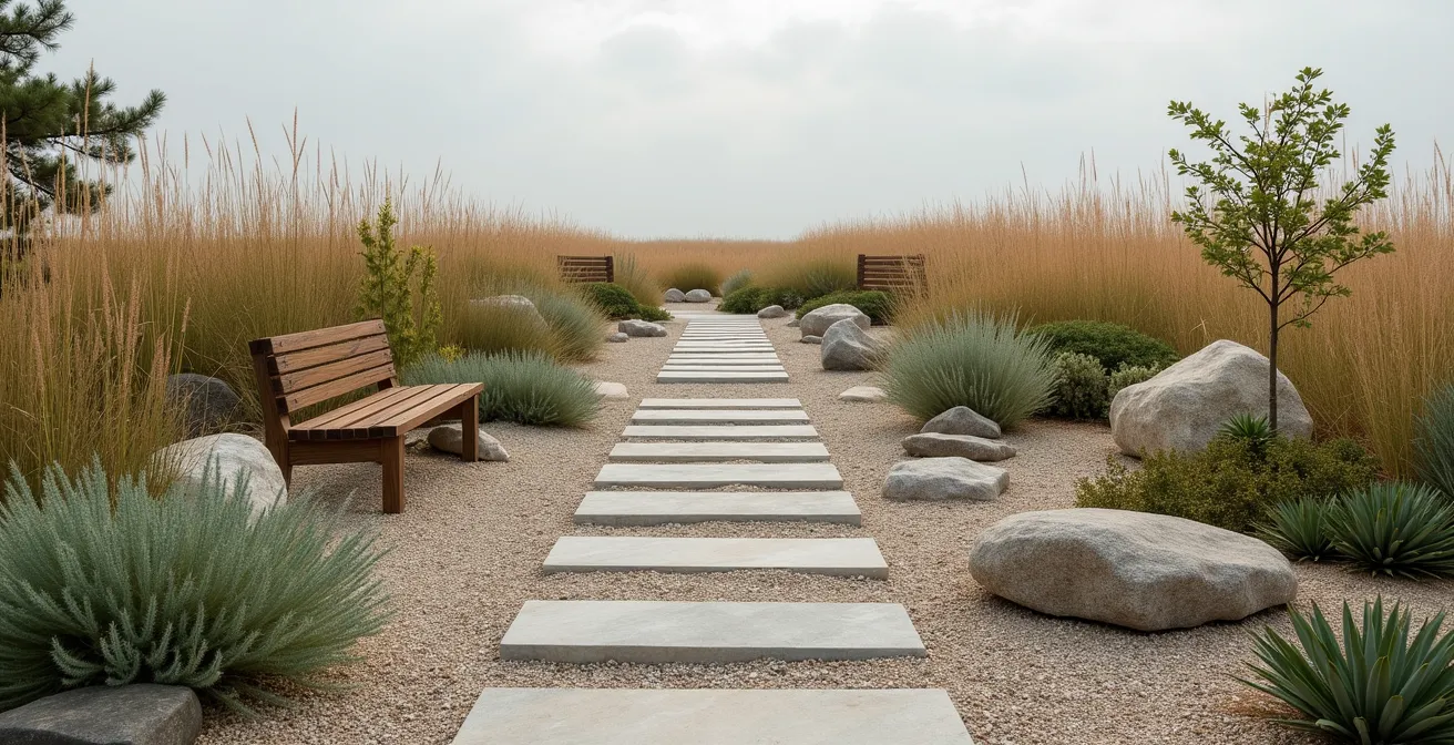 Peaceful memorial garden with indigenous plants and reflection space