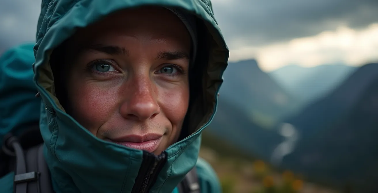 Hiker wearing weather protection jacket against dramatic storm clouds in Canadian Rockies
