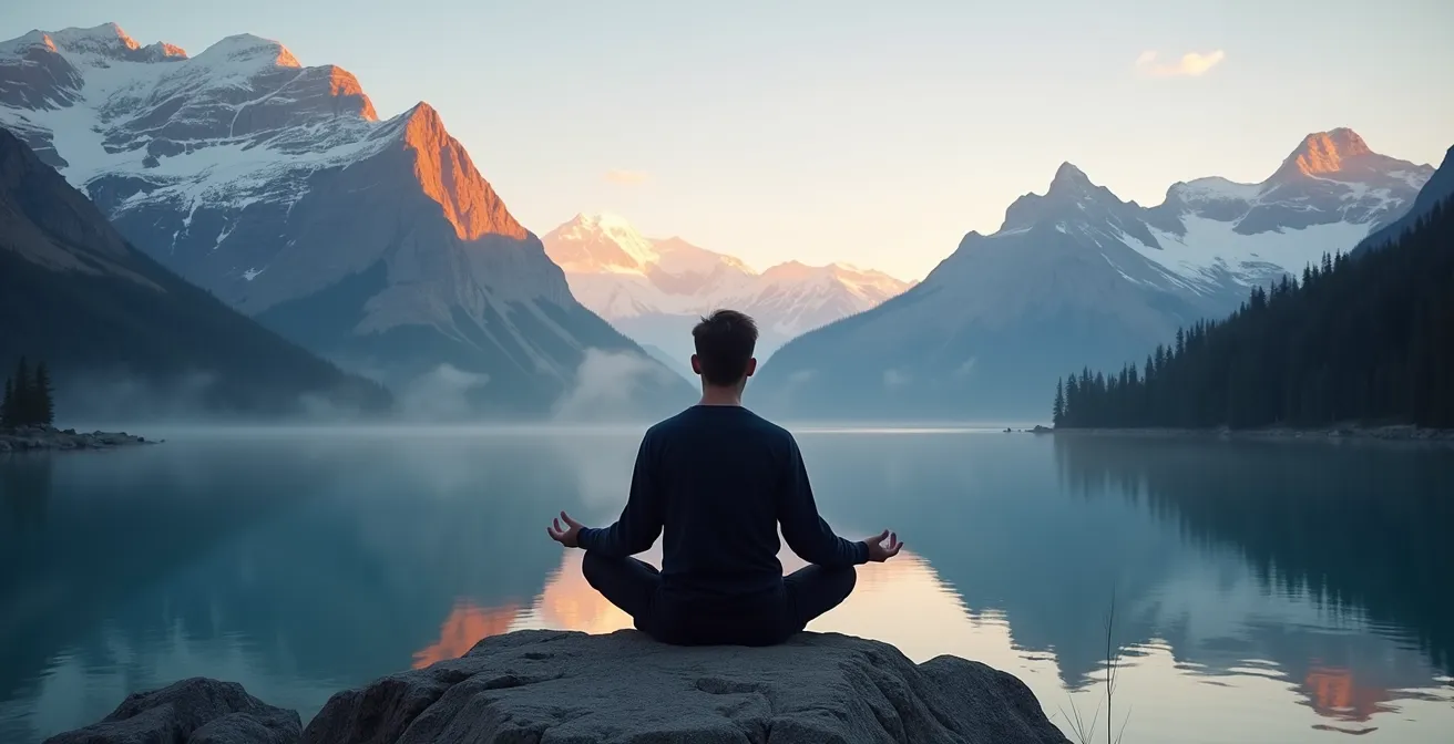 Solitary figure in meditation pose on rock outcrop overlooking mirror-like alpine lake at sunrise