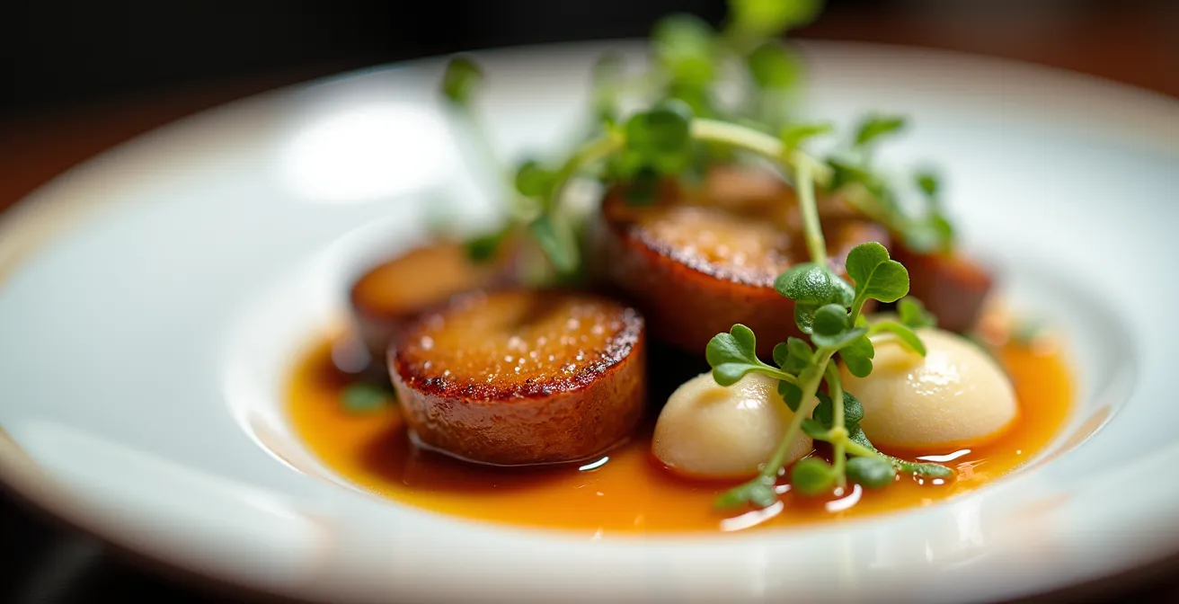 Artistic plating of Filipino-French fusion dish on minimalist white plate